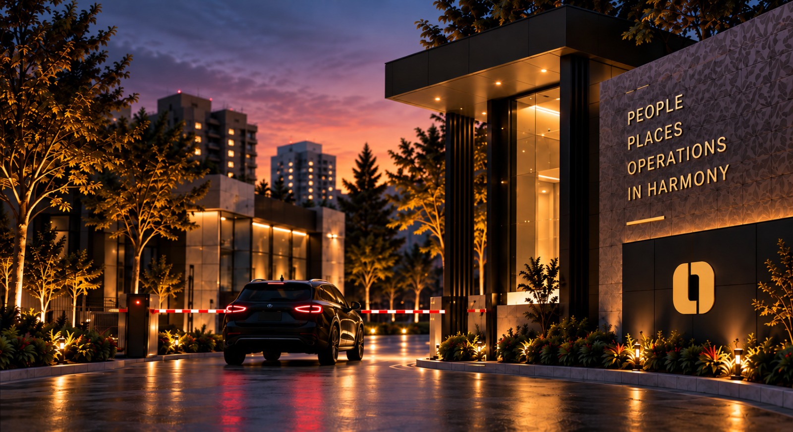 Modern residential entrance at dusk with gate security and arriving vehicle